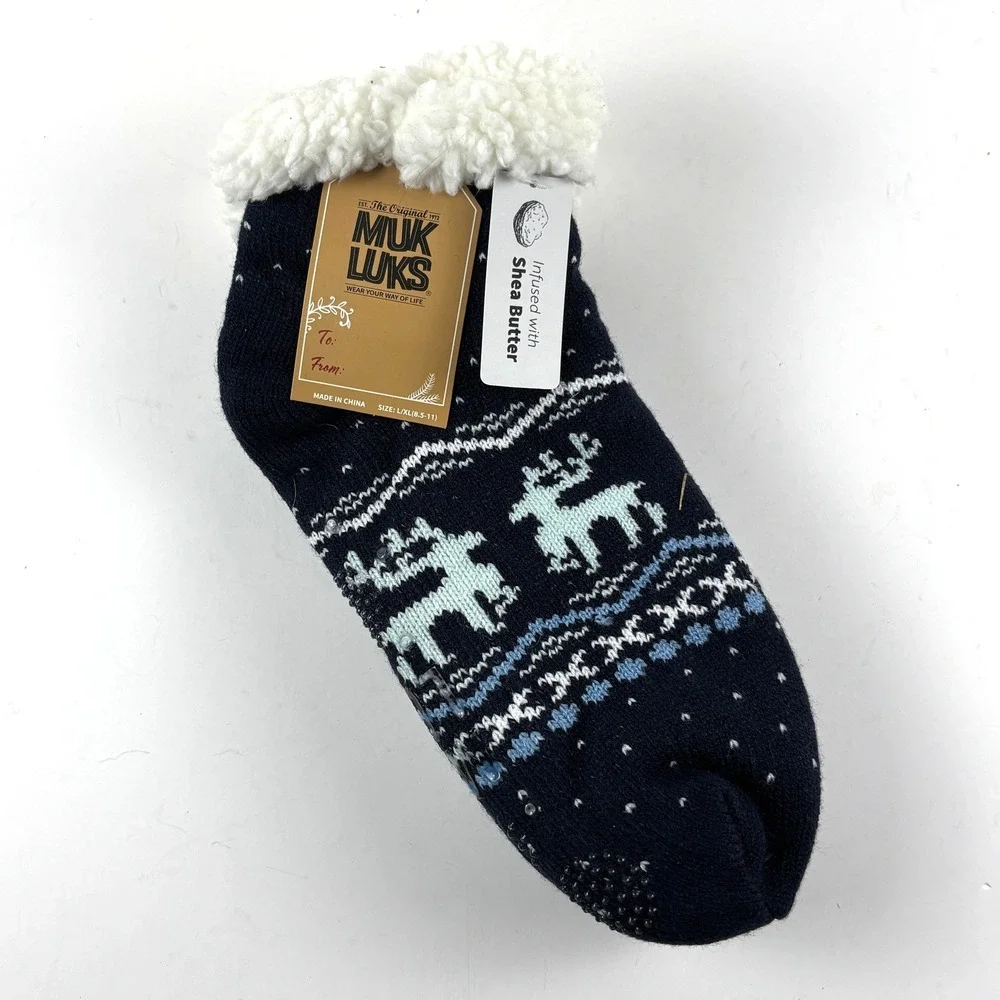 New Muk Luks Slipper Socks Womens L/XL Navy Blue Reindeer‎ Sherpa Cabin Socks